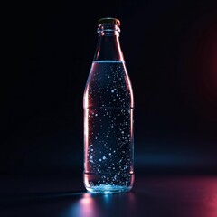 Minimalist composition of water bottle with droplets against black backdrop, studio, liquid