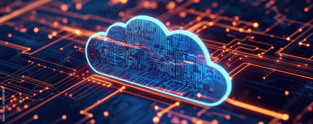 Poster Clouds server intelligent glowing system driving globalization concept. A digital cloud representing advanced data storage solutions.