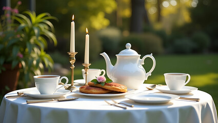 Fototapeta premium Discover elegant garden tea parties with refined outdoor setups and meticulous details, perfect for premium lifestyle stock imagery.