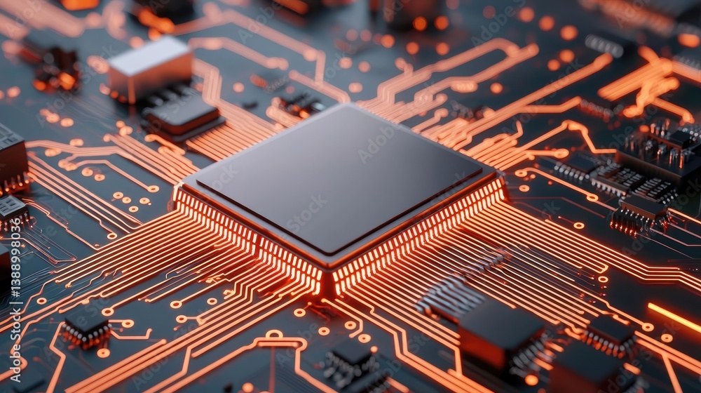 Poster Cloud server intelligent innovation driving global systems concept. Abstract close-up of a modern computer circuit board design.