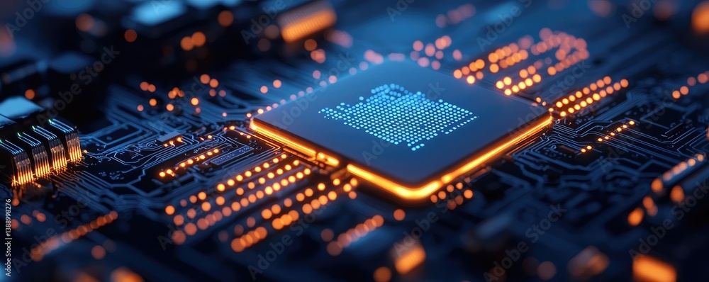 Poster Cloud server intelligent innovation driving global systems concept. Close-up of a glowing computer chip on a circuit board.