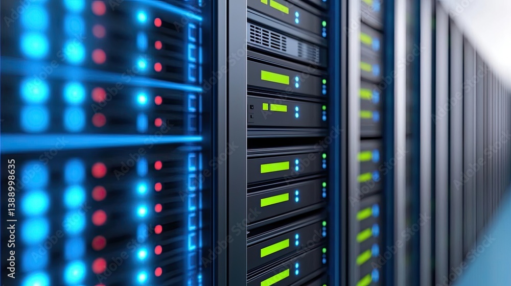 Poster Cloud server intelligent innovation for managing systems concept. Close-up of data servers with illuminated indicators and cables.