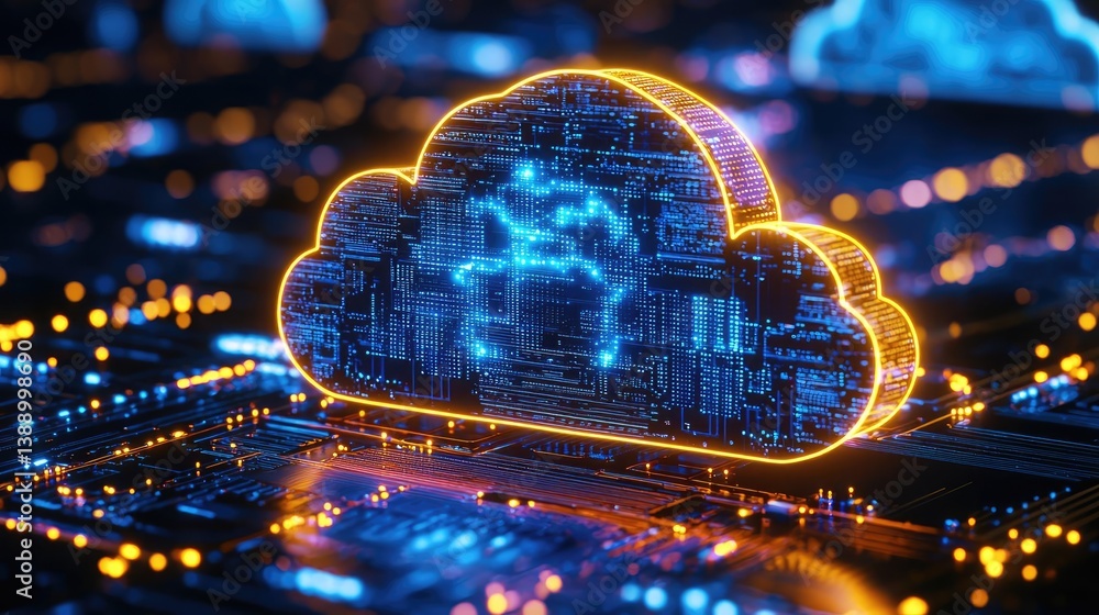 Poster clouds server intelligent glowing system driving globalization concept. a vibrant digital cloud symb