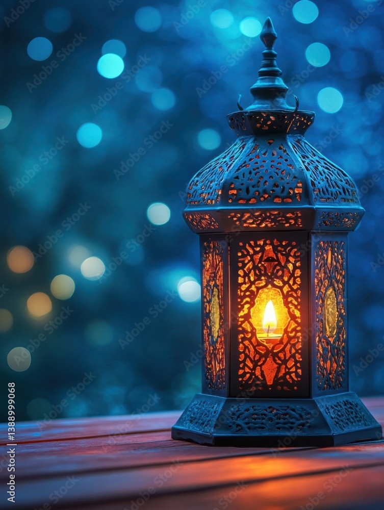 Poster intricate lantern casting warm glow on wooden surface against a bokeh background creating a serene a