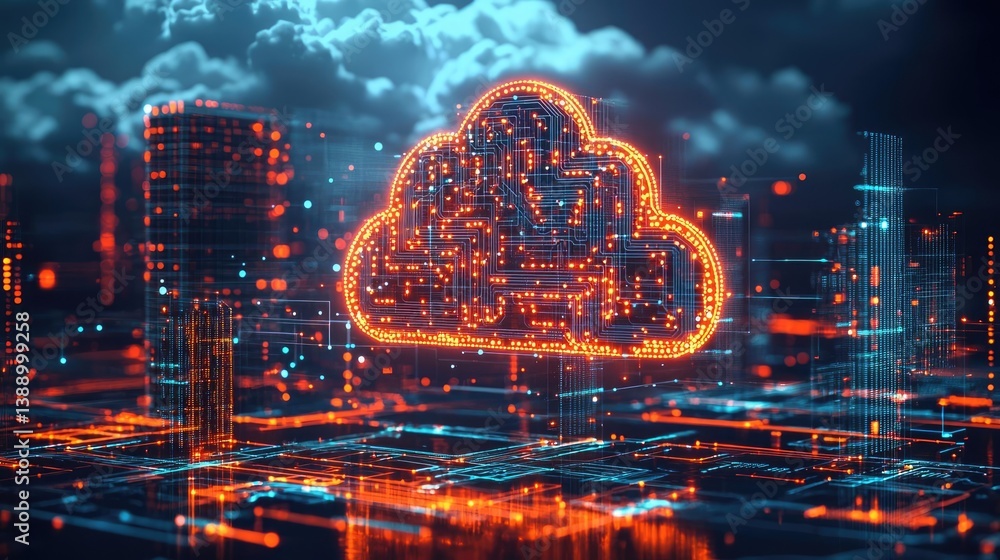 Poster Clouds server intelligent glowing system driving globalization concept. Futuristic cloud computing concept with glowing city skyline.