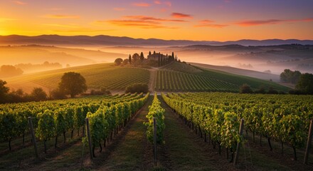 Fototapeta premium The serene landscape of a vineyard at sunrise displays beautiful colors