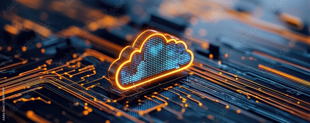 Poster Cloud server intelligent innovation for managing systems concept. Innovative cloud computing technology on a circuit board.