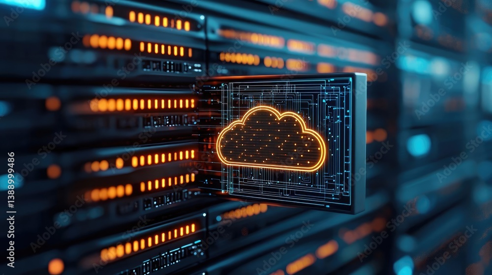 Poster Cloud server intelligent innovation driving global systems concept. Cloud computing graphic on a server background, showcasing innovation.