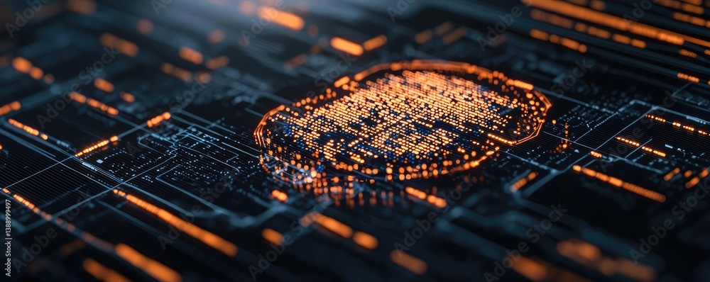 Poster Cloud server intelligent innovation for managing systems concept. Abstract view of a digital circuit board illuminated by lights.