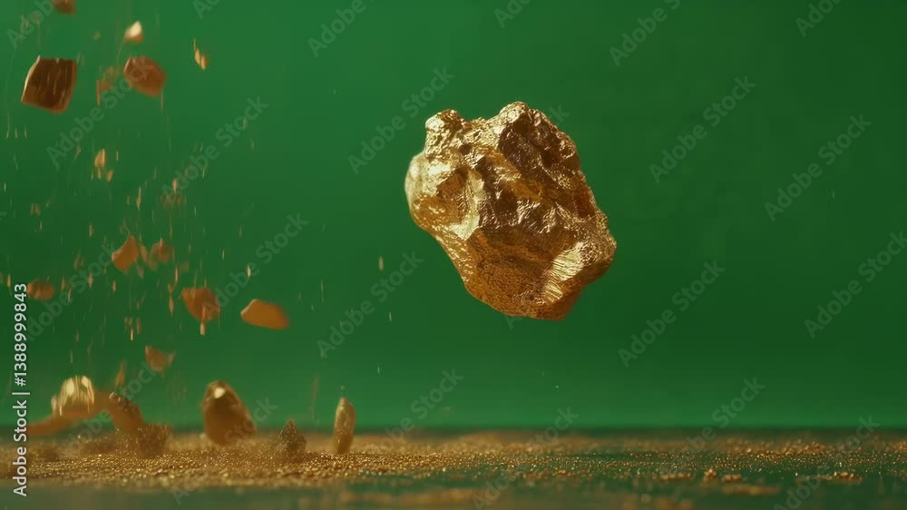Poster gold asteroid exploding and small fragments falling down on green screen background, perfect for vis