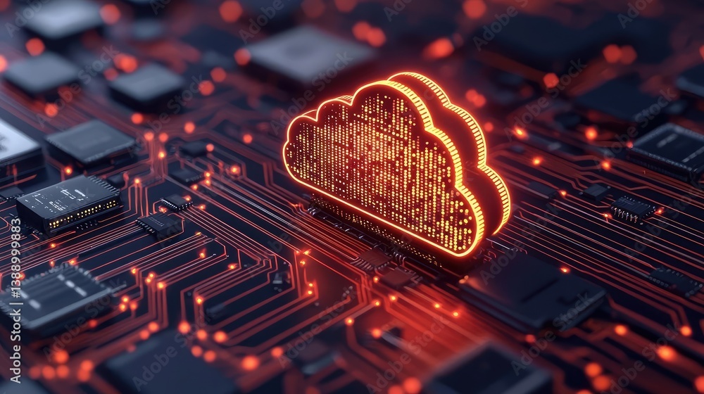 Poster Cloud server intelligent innovation for managing systems concept. Futuristic cloud symbol on a digital circuit background.