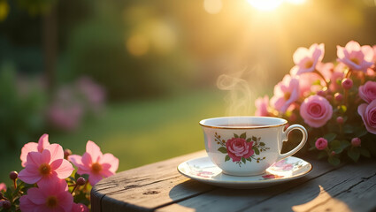 Fototapeta premium Enchanting Garden Tea Experience: Vintage Teaware, Floral Backdrops & Natural Light for Serene Outdoor Gatherings - Perfect for Connoisseurs & Artistic Inspiration
