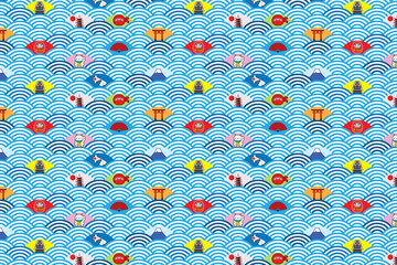 Seamless pattern of blue Japanese wave pattern with Japan symbols drawing in colorful cartoon vector