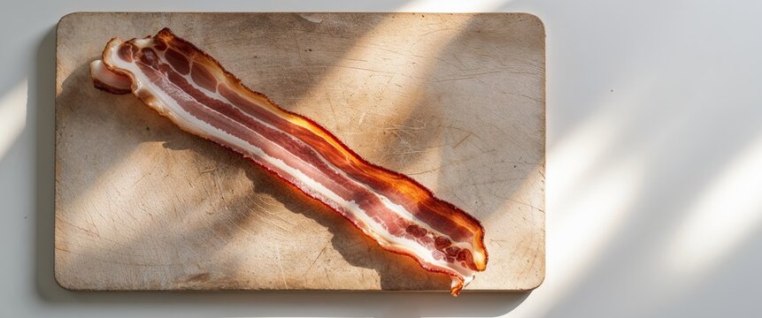 Appetizing Bacon with Copy Space for Text on Raw Cutting Board