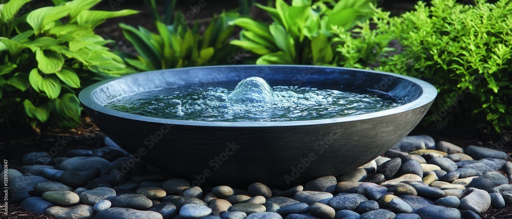 Poster serene water feature in a tranquil garden setting with smooth stones and lush green foliage creating