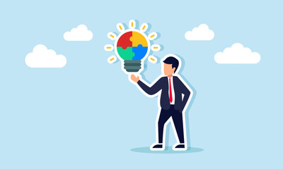 Businessman seemingly presenting a glowing lamp formed from puzzle pieces, illustration of presenting business ideas and innovations