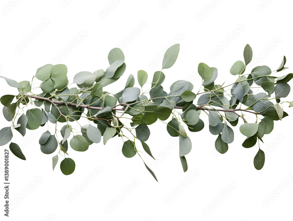 Poster a eucalyptus branch with round leaves against a in a horizontal arrangement on transparent backgroun