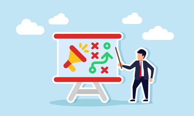 Businessman appears to be teaching next to a board with a megaphone and flowchart, illustration of education or outreach about marketing promotion strategy