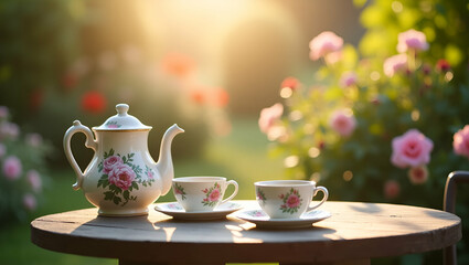 Fototapeta premium Enchanting Garden Tea Experience: Vintage Teaware & Floral Elegance for Serene Outdoor Gatherings - Perfect for Connoisseurs of Refined Taste and Cultural Traditions