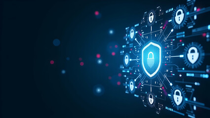 Modern Minimalist Wallpaper Artwork: Expansive Empty Space Illustrating Fintech Cybersecurity with Digital Encryption, Secure Data Protocols, and Futuristic Defense Solutions