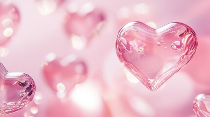 Fototapeta premium A set of floating glass heart crystals on a soft pink background, shimmering surface, glossy and transparent, scattered mist for dreamy valentine vibes