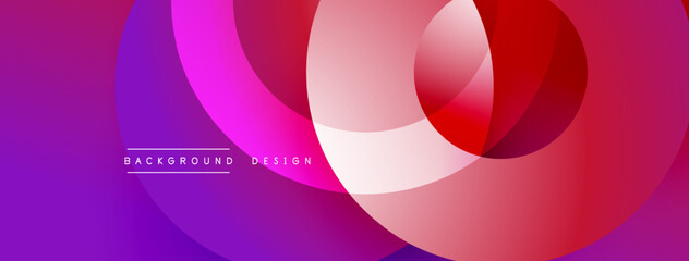 Abstract colorful circles overlap creating dynamic gradient effect. Smooth transitions between purple, pink, red hues. Modern design element.
