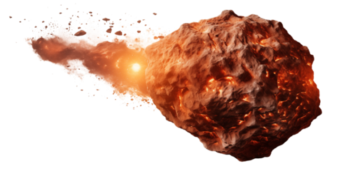 A fiery asteroid hurtling through space with a bright light and a trail of debris behind it on transparent background