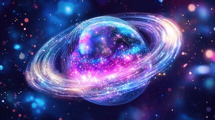 Futuristic Space Odyssey: Abstract Marketing Background with Minimalist Deep Space and Translucent Spacecraft. Rainbow Meteorite Belt Orbiting Luminous Gas Planet. Acrylic Star Refraction and Surreal 
