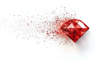 Abstract geometry style red diamond gem, glittering dust spread symmetrically around it, isolated in white space