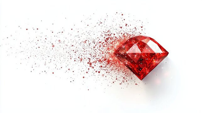 Abstract geometry style red diamond gem, glittering dust spread symmetrically around it, isolated in white space