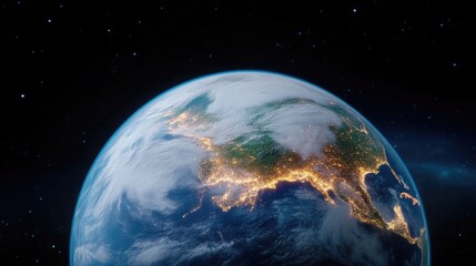Earth Night Lightscape Realistic Digital Rendering Wide Angle Shot Cloud Patterns Illuminated Night Space Background Deep Blue Tones Ideal for Environmental Advocacy