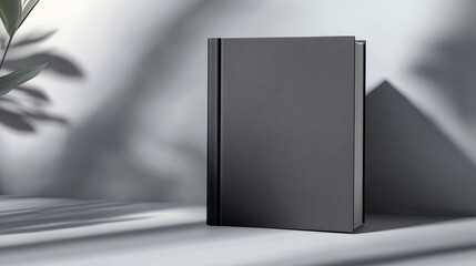 Minimalist black book on a light surface with soft shadows and plant leaves in the background