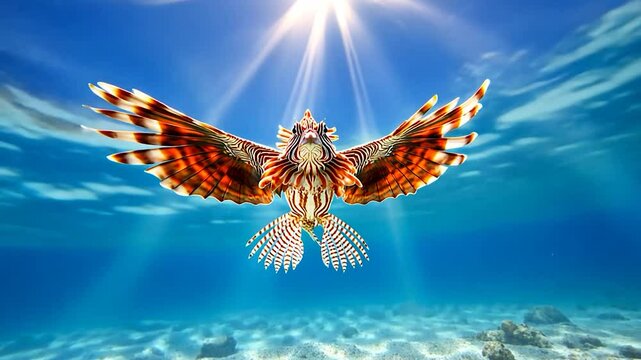 Majestic lionfish swimming gracefully through vibrant coral reef under sunlit ocean waters