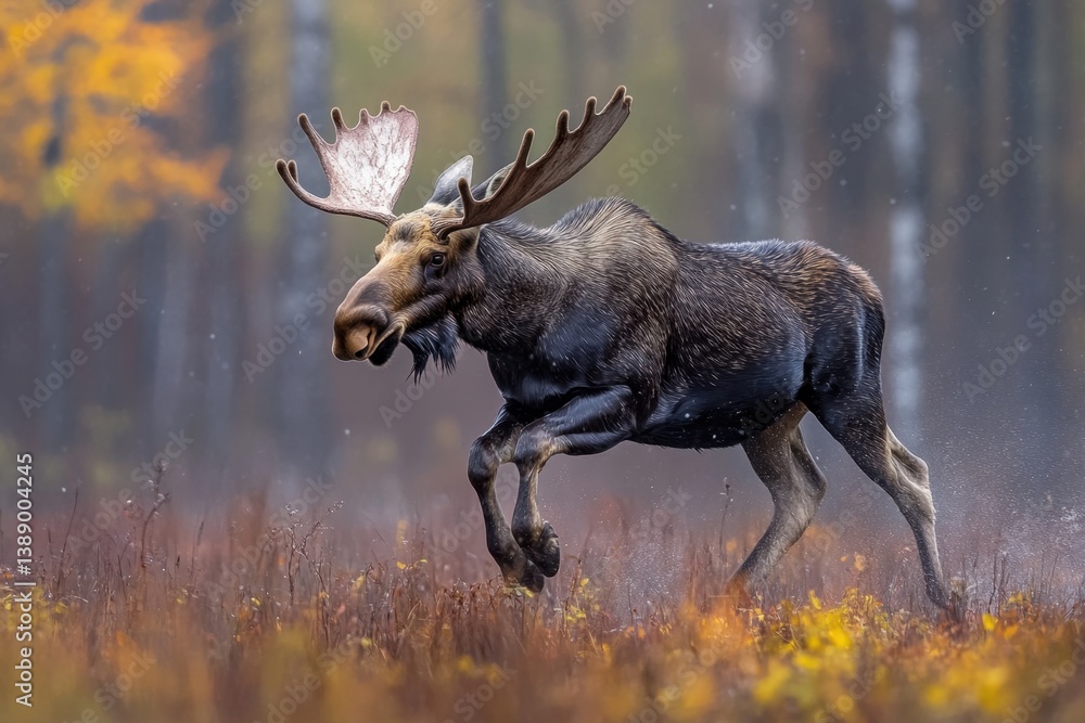Poster majestic moose running through autumn meadow with vibrant foliage and soft light creating a captivat