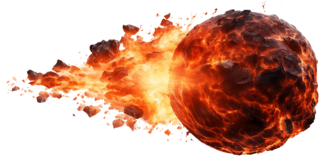 A fiery sphere with a trail of burning debris on a is visually striking and intense on transparent background