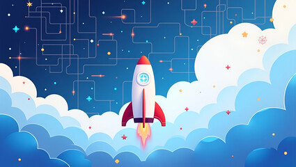 Flat Contemporary Wallpaper Design: Abstract Visuals with Digital Grids & Rocket Icons for Secure Private Space Travel - Perfect for Corporate Media & Advanced Aerospace Engineering