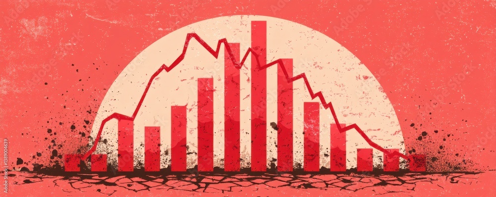 Poster conceptual illustration of a financial crash, showing a red declining graph and bar chart crumbling 
