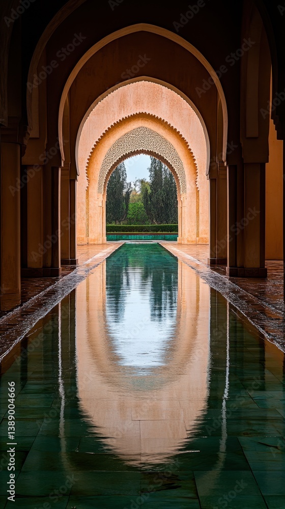 Poster serene moroccan architecture reflecting in water feature with arches columns and lush greenery creat