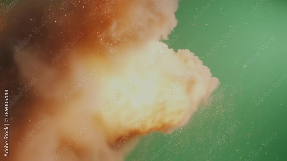 Poster large orange explosion generating massive smoke cloud with flying debris, spreading over chroma key 