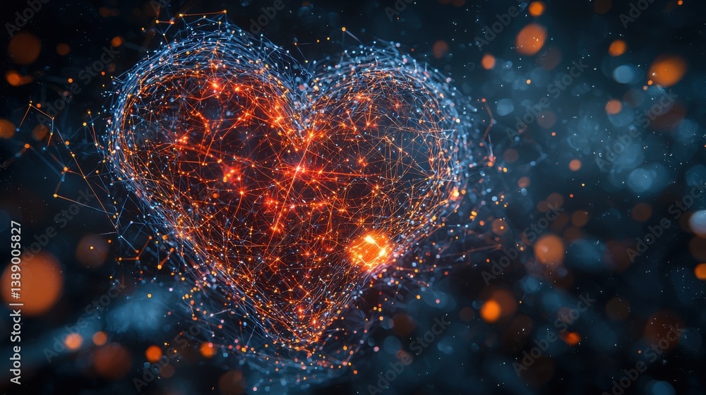 Poster 3d heart with an intricate network of dots illustrating connectivity and emotion in a modern abstrac
