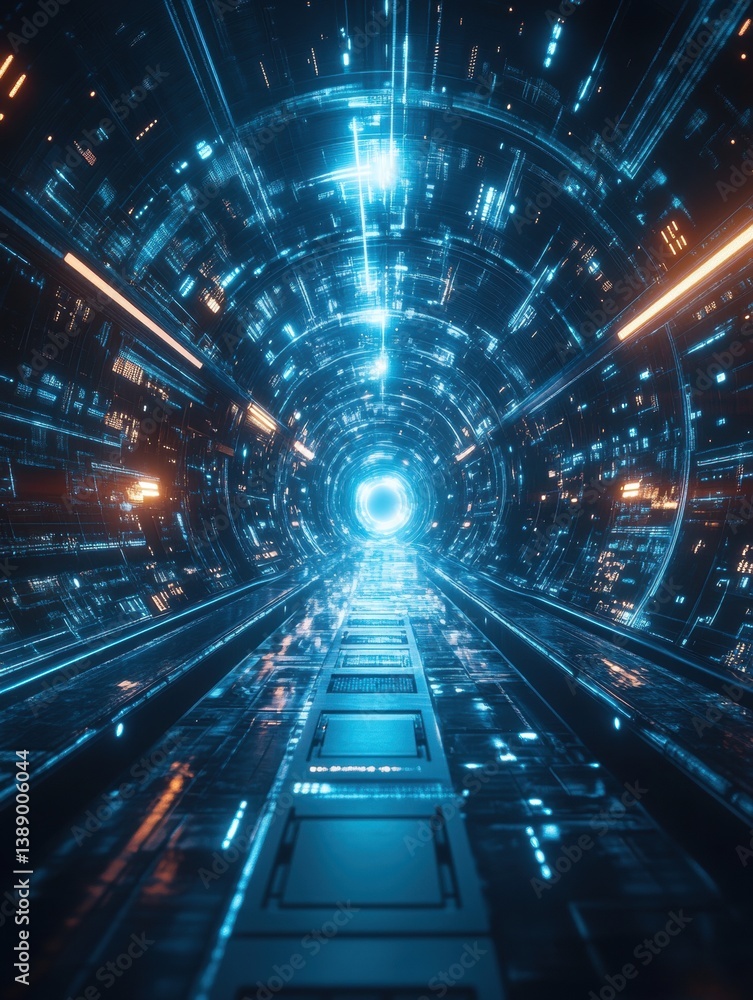 Poster futuristic tunnel illuminated with vibrant blue light and intricate circuit patterns creating a sens