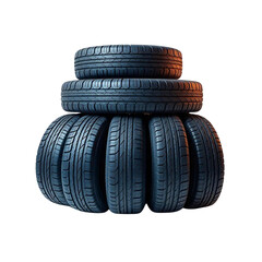 A black stack of used rubber tires shows a worn tread pattern