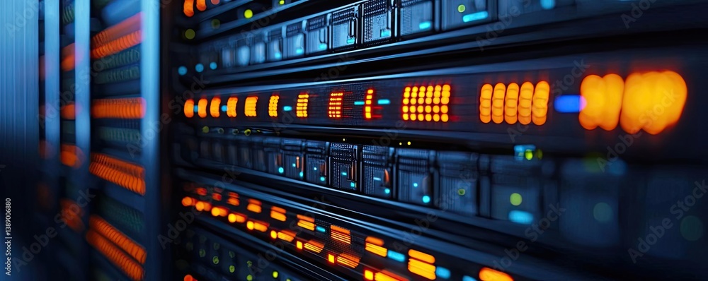 Poster cloud server intelligent innovation driving global systems concept. close-up of server panel display