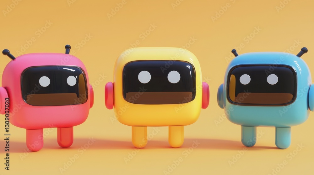 Poster three charming little robots with unique designs displaying a playful and friendly aesthetic for chi