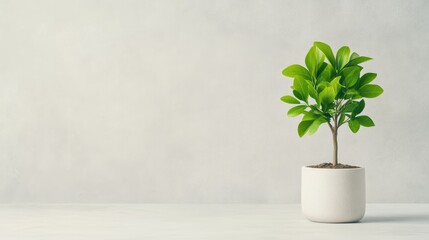 Simple potted plant against a light gray background.  A small, vibrant green plant with fresh leaves sits in a simple white pot on a light surface