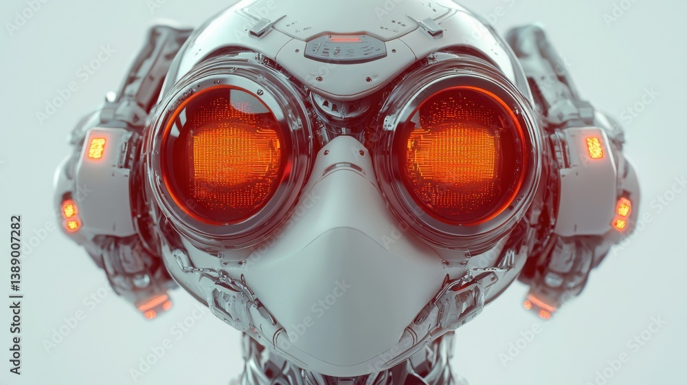 Poster a futuristic robot with striking red eyes emitting signals in a high-tech environment for communicat