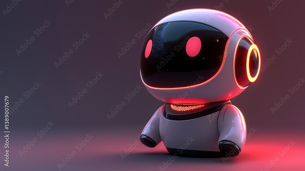 Poster futuristic robot with bright red light signaling communication from its 3d chatbot face design and f