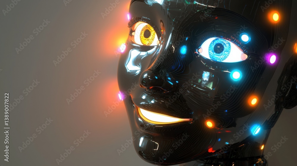 Aufkleber captivating robot head featuring glowing eyes in a 3d chatbot face design for enhanced digital commu
