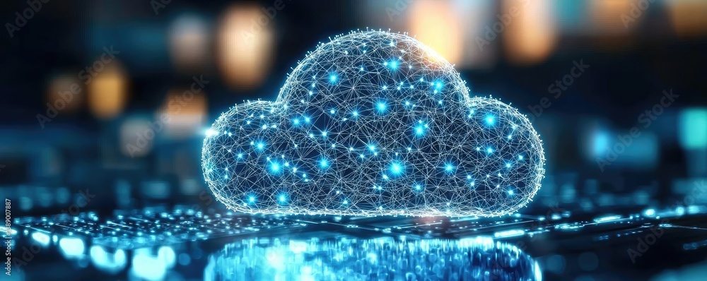 Aufkleber Clouds server intelligent glowing system driving globalization concept. Futuristic digital cloud symbolizing data storage and connectivity.