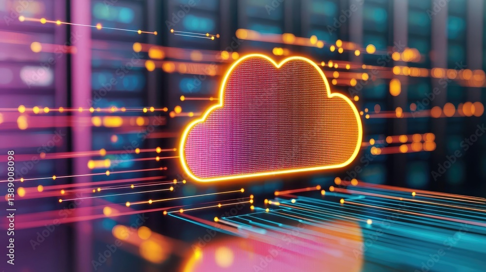 Aufkleber Clouds server intelligent glowing system driving globalization concept. Abstract representation of cloud computing with vibrant colors.